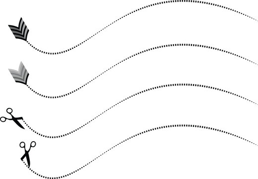 Set of scissors and arrows with dashed wavy cut lines for coupons vouchers and paper craft instructions isolated on white