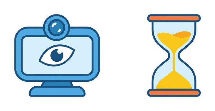 Vector icon set with computer screen monitoring via webcam and a sand hourglass. Represents limited time, deadlines, surveillance, and online proctoring concepts.