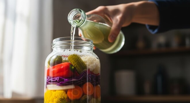 Hand pouring vinegar into jar of colorful pickled vegetables in kitchen