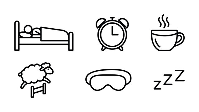 Sleep and wake up icon collection. Minimalist line art symbols for bedtime, insomnia, and morning routine. For wellness apps and health websites.