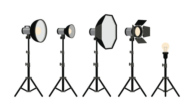 Vector set of professional photo studio lighting equipment. Includes softbox, strobe, and reflector lamps on tripods for photography and filmmaking projects.