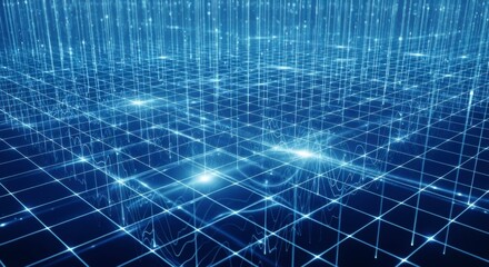 Obraz premium A futuristic digital grid with glowing blue lines and dots on a dark background
