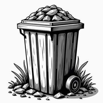 A monochrome graphic illustration of a tall trash bin overflowing with sharp stones and rocks situated among grass tufts. This scene symbolizes waste management.
