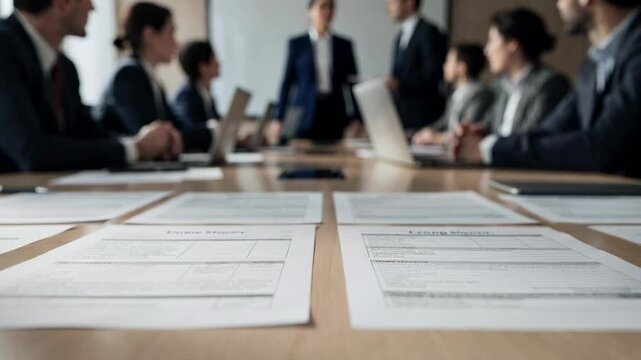 Medium shot capturing key term sheets laid out neatly on the table foreground papers in sharp detail contrasted against an internal review session fading into the background.
