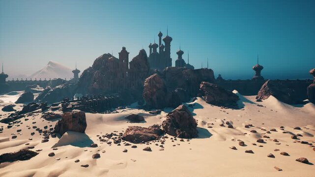 twilight sand dunes with looming fortress, brooding coastal ruins and windblown rocks, low light silhouette under moody sky, distant stormfront on horizon,