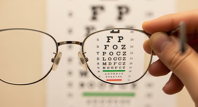 Eyeglasses held by a hand focus on a blurred eye chart to illustrate the concept of vision correction and ocular health.