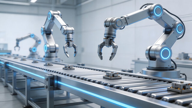 Robotic arms on assembly line