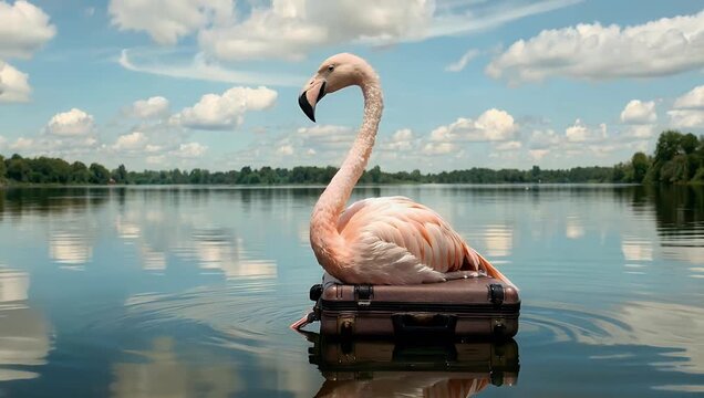 Whimsical scene of pink flamingo sitting on vintage suitcase peaceful body of water capturing high quality serene and artistic summer travel concept