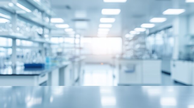 Pristine white laboratory countertop providing a clean surface for product mockups in a sterile research facility with a blurred background, pharmaceutical innovation and medical science research