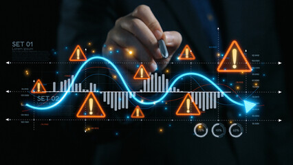 Economic caution visual showing risk alerts and financial volatility. Warning signs highlight...