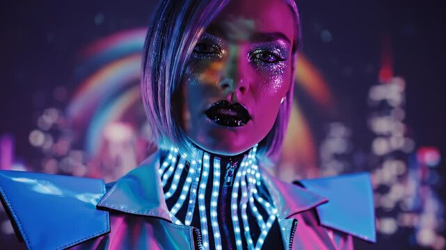 Futuristic cyberpunk portrait of a woman with LED-lit neck and chest circuitry, metallic glitter makeup, silver bob, angular shoulder jacket and neon city skyline behind her.