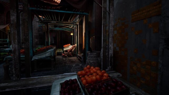 dimly lit market alley with stacked crates pottery and dim lantern glow, narrow corridor leads to illuminated fruit stall, wet cobblestone and textured brick