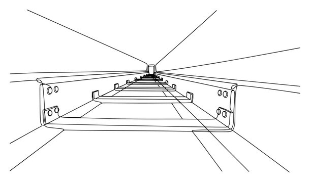One line drawing of an industrial metal cable tray system in perspective