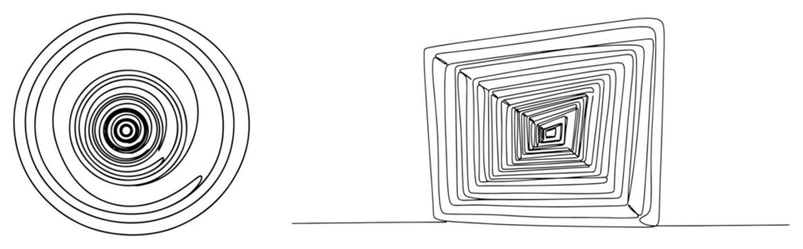 Minimalist continuous line drawing of circular and square spiral geometric shapes
