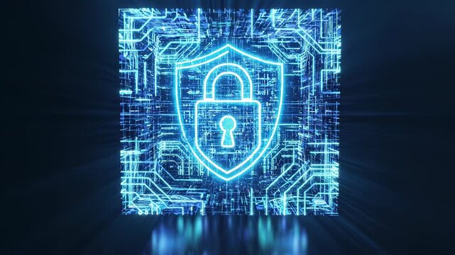 Glowing digital cube displaying circuit board patterns and a luminous shield lock emblem, symbolizing advanced cybersecurity encryption data protection and network defense concept
