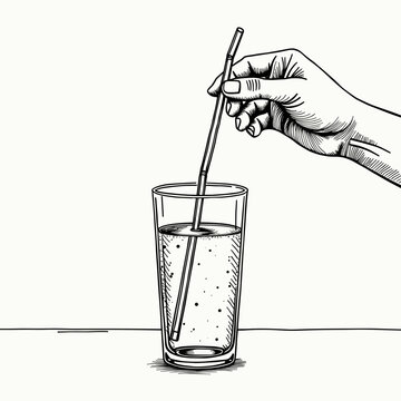 A minimalist black and white ink drawing shows a hand holding a thin straw inside a tall glass of sparkling liquid. This clean sketch emphasizes simplicity and refreshing hydration.