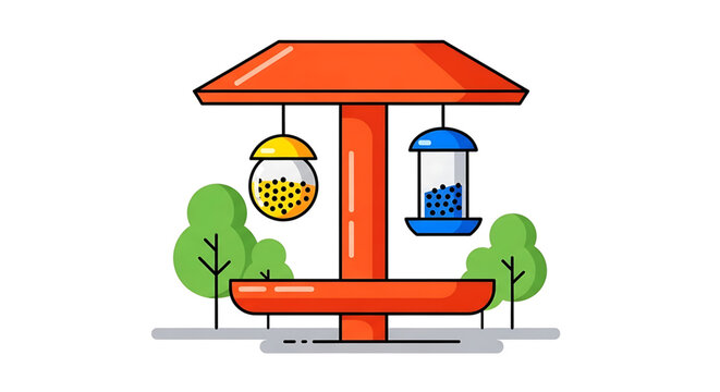 A colorful illustration of a bird feeder with two hanging feeders and a bench in a park setting