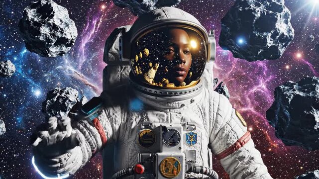 Close-up astronaut in a white spacesuit floating among large asteroids and colorful nebula clouds in deep space, visor reflecting starlight and cosmic debris during a spacewalk