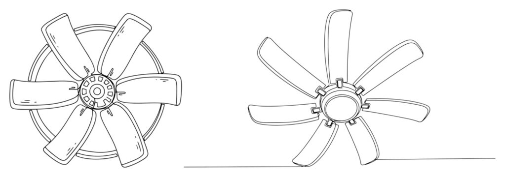 Single line drawing of industrial ventilation fan blades and cooling propeller