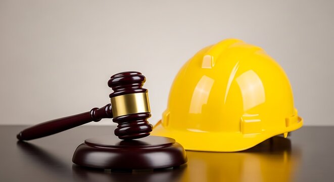 Wooden gavel and yellow hard hat on dark table with neutral background symbolising construction law safety regulations and justice