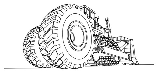 Continuous line illustration of a heavy industrial tractor wheel and crawler track system © Alicja