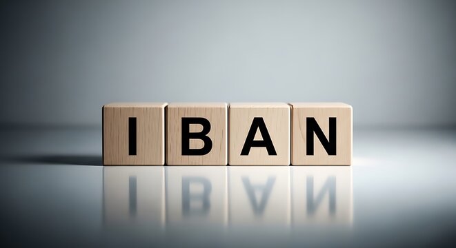 Iban international bank account number spelled with wooden blocks on reflective surface with gray background with transfer money with banking system