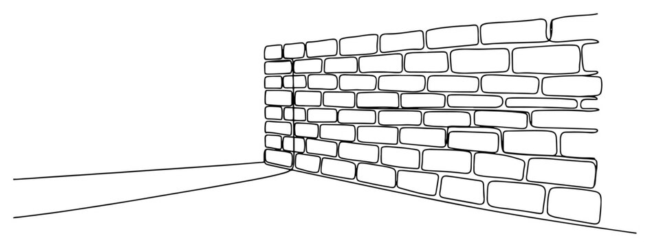 Perspective view of a brick wall construction drawn in continuous one line art style