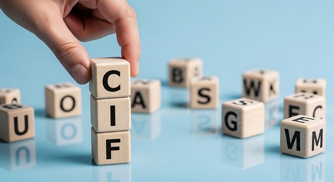Cif cost insurance and freight acronym spelled with wooden blocks by human hand with blue background with shipping terms with trade logistics with business bloc