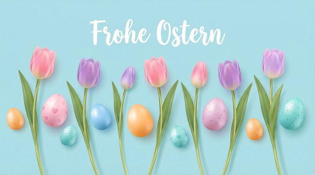 Tulips and easter eggs on blue background with frohe ostern text
