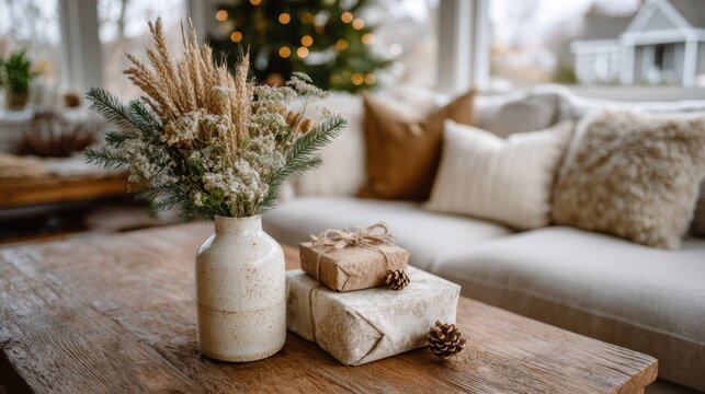 Beautiful holiday decoration featuring alternative Christmas foliage and gift wrapping ideas in a cozy living room setting