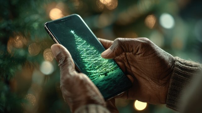 Celebrating Christmas with digital cards featuring a glowing Christmas tree displayed on a smartphone screen
