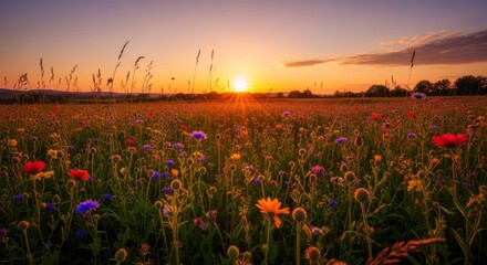 Fototapeta premium A serene field of colorful wildflowers during a vibrant sunset in a peaceful natural landscape
