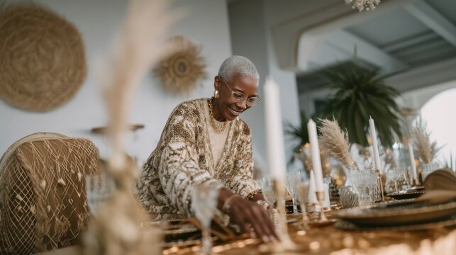 Grandmother prepares a festive Christmas table with elegance and joy in a beautifully decorated dining space