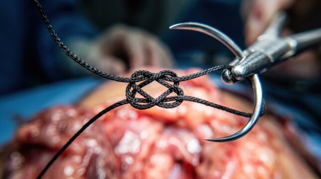 A surgical silk suture being tied under magnification, the looping thread rendered in extreme macro at the precise moment the knot cinches, the suture needle still