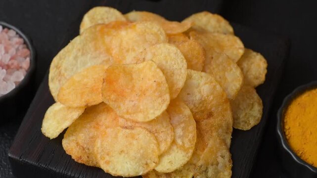 Crispy potato chips, golden slices seasoned with salt and spices. Potato chips as a food background for your design