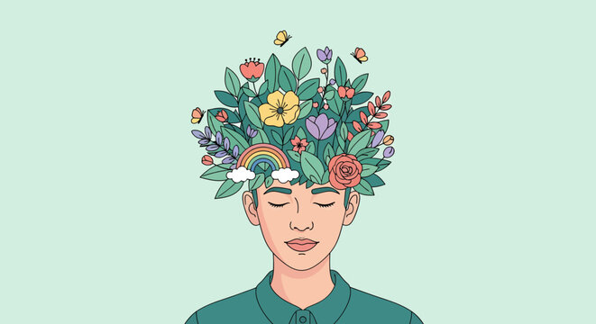 Mind Growth Concept, Human Head with Blooming Flower Garden and Small Rainbow, Mental Health Awareness and Positive Thinking Vector Illustration, Peaceful Mind and Creativity