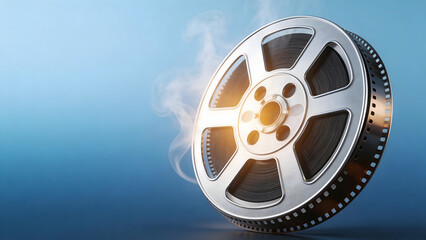 Obraz premium Film reel with smoke on blue background