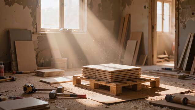 A room under construction with various tools and building materials scattered around, illuminated by natural light streaming through windows, showcasing the process of renovation and repair.