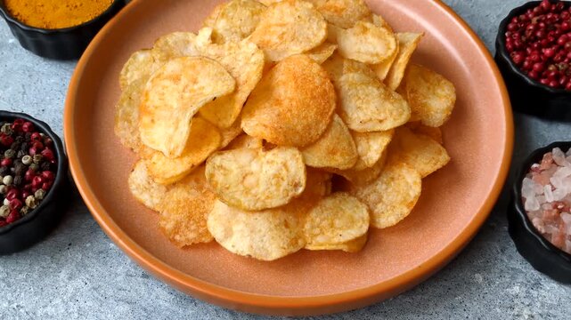 Crispy potato chips, golden slices seasoned with salt and spices. Potato chips as a food background for your design