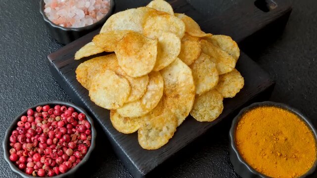 Crispy potato chips, golden slices seasoned with salt and spices. Potato chips as a food background for your design