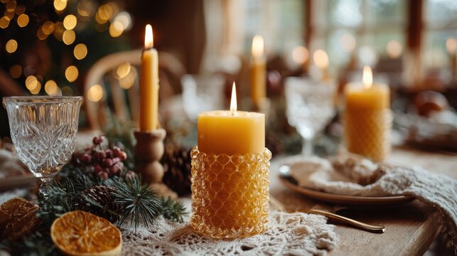 Eco friendly Christmas candle holders creating a warm ambiance in a cozy holiday setting