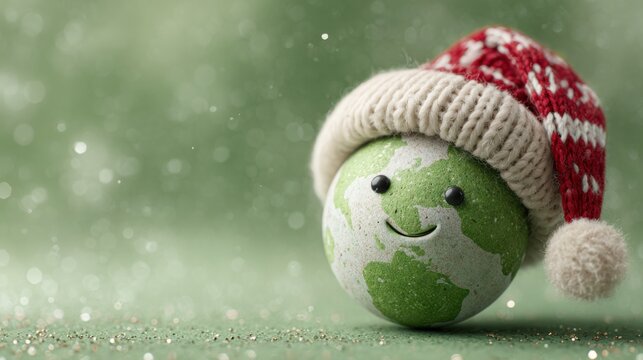 Eco friendly Christmas celebration with a smiling planet Earth wearing a festive knitted hat on a green background