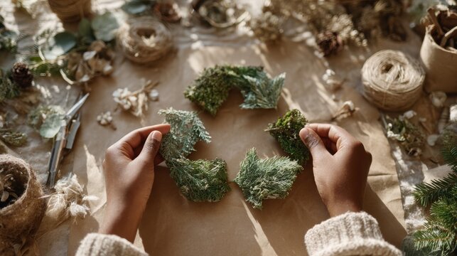 Creating a sustainable Christmas decoration using eco friendly materials and natural greenery in a cozy indoor setting