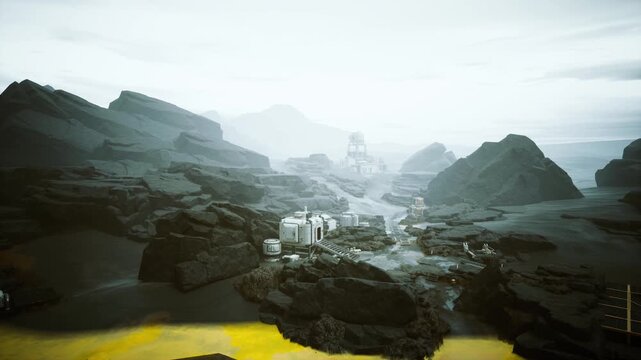 misty mountain valley with yellow lake, cinematic aerial view of remote village nestled among jagged ridges and plateaus, soft cool light, drifting fog