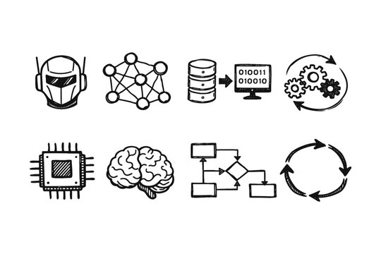 Collection of hand-drawn icons representing artificial intelligence and machine learning concepts