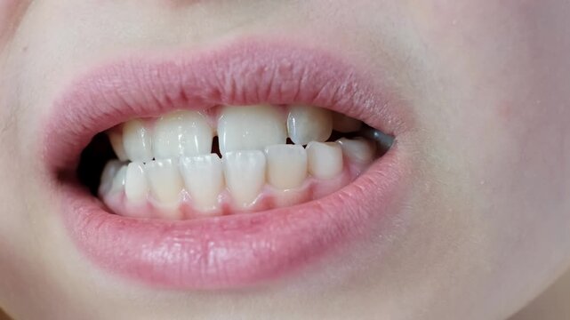 Mesial occlusion. Close-up childs mouth with clean white molars teeth with gap and healthy gums. Ten year age caucasian kid with closely spaced teeth. Upper teeth behind lower. Plaque on enamel.