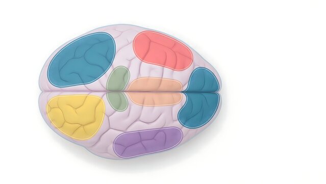 Top view of human brain with colorful sections indicating different functional areas lobes frontal parietal temporal occipital lobes highlighting brain mapping and cognitive zones.