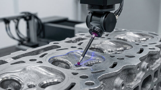 Automated Robotic CMM Probe Measuring Precision Tolerance of an Aluminum Engine Cylinder Head
