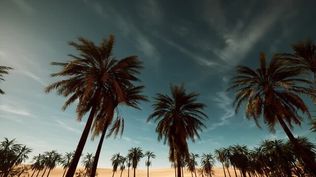 sunlit palm grove under teal sky, upbeat wide shot of swaying palms and sandy shore, vibrant daylight with scattered clouds, resort atmosphere perfect
