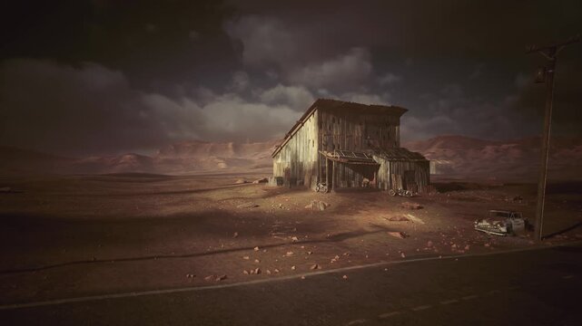 sunlit weathered shack on barren plain, warm golden light and long shadows, scattered debris and textured timbers frames evoke photographer setup, urban